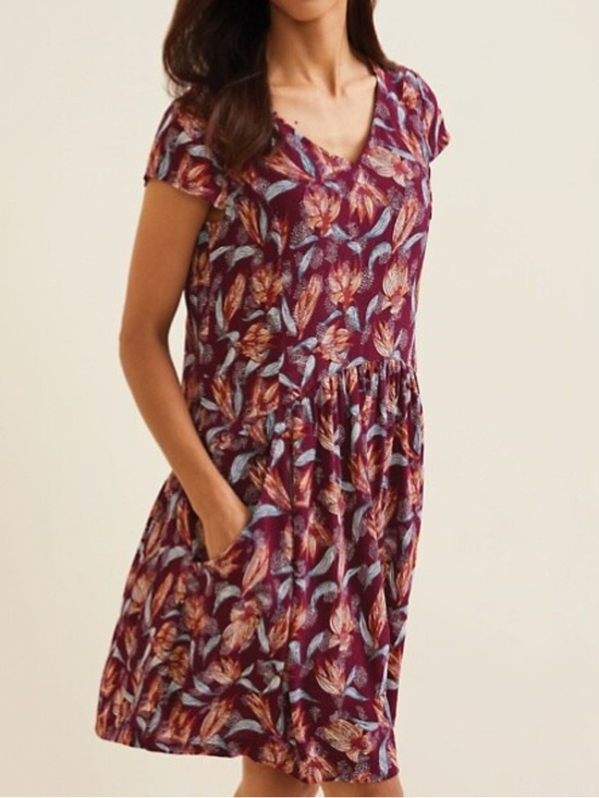 Garnet Hill Dresses & Skirts - Garnet Hill Burgundy V‑Neck Short Sleeve Floral Mini Dress